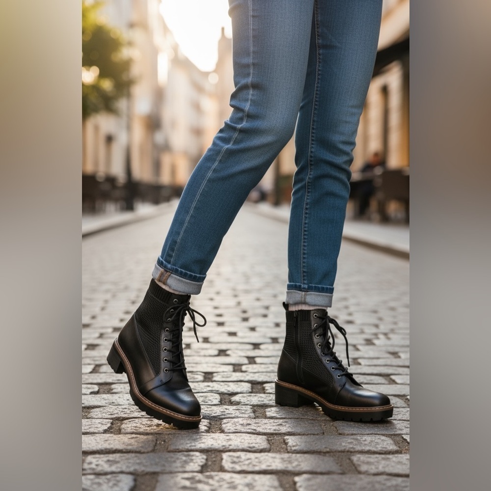 Alex Marie Avelli Leather Lace Up Combat Booties Lugsole Block‎ Heel Size 6 - Picture 5 of 11